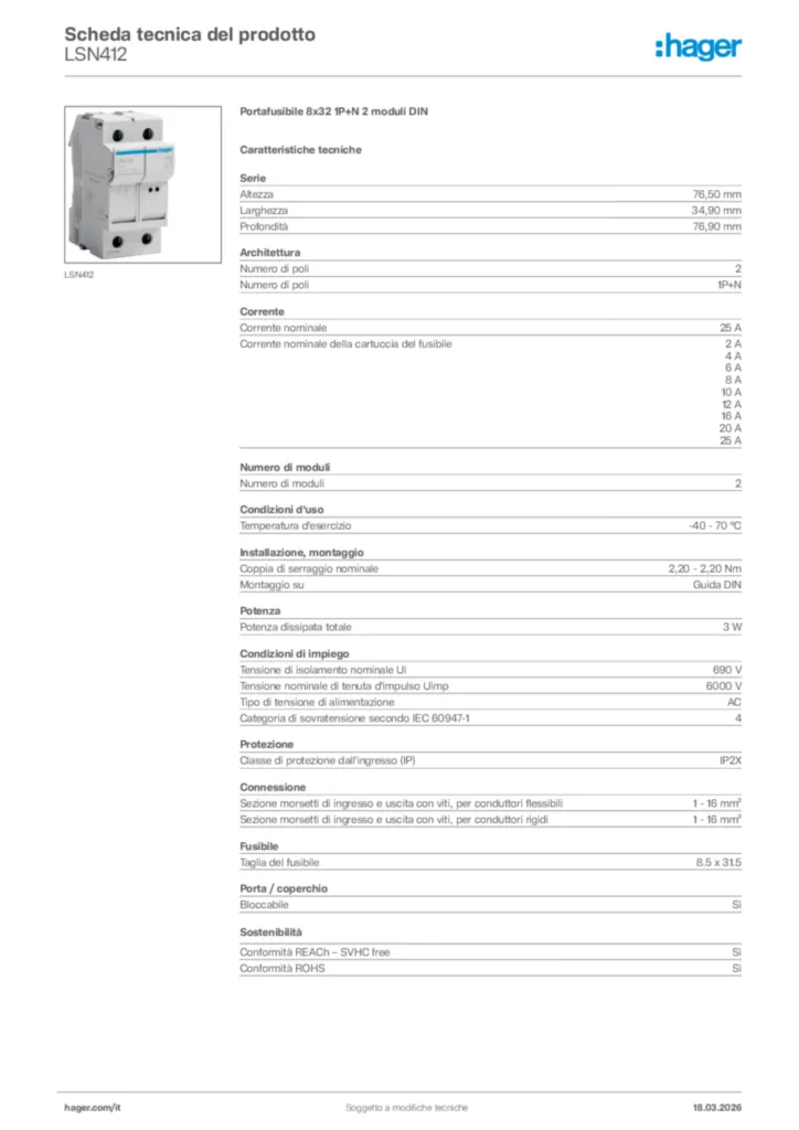 Immagine Hager Scheda tecnica del prodotto LSN412 | Hager Italia