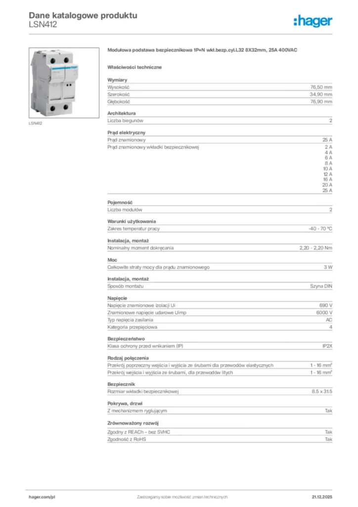 Zdjęcie Hager Dane katalogowe produktu LSN412 | Hager Polska