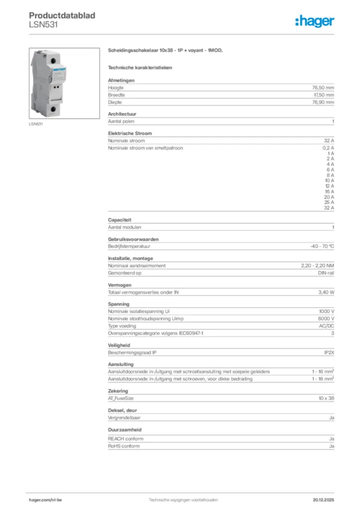 Afbeelding Hager Productdatablad LSN531 | Hager Belgium