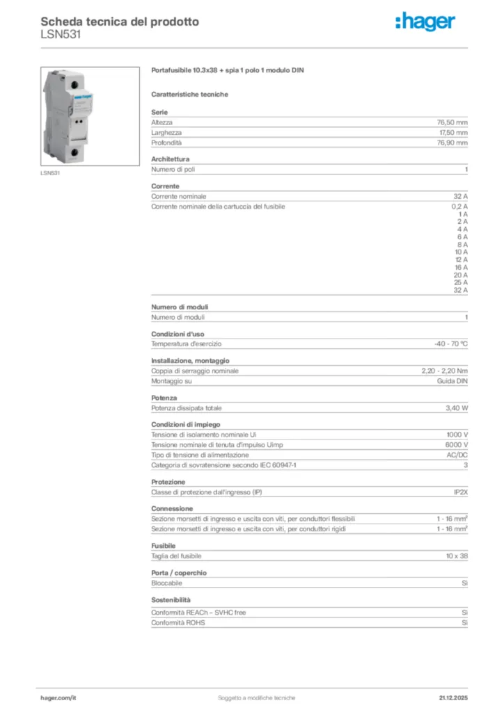 Immagine Hager Scheda tecnica del prodotto LSN531 | Hager Italia