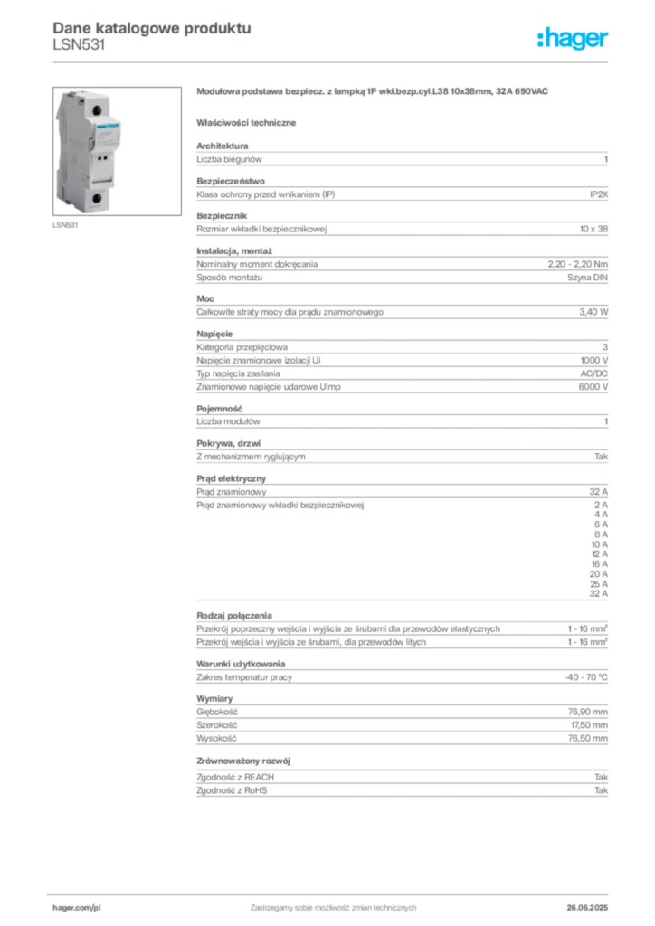 Zdjęcie Hager Dane katalogowe produktu LSN531 | Hager Polska