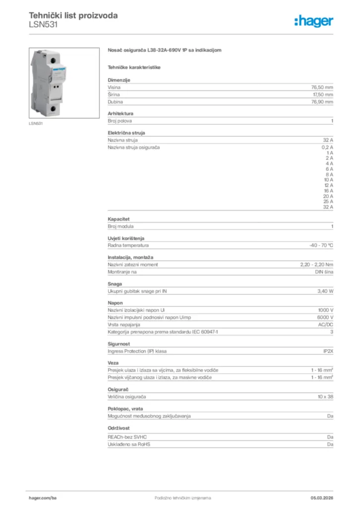 Slika Hager Tehnički list proizvoda LSN531  | Hager