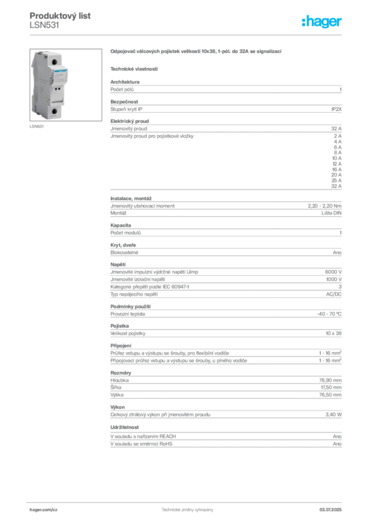 Obrázek Hager Produktový list LSN531 | Hager