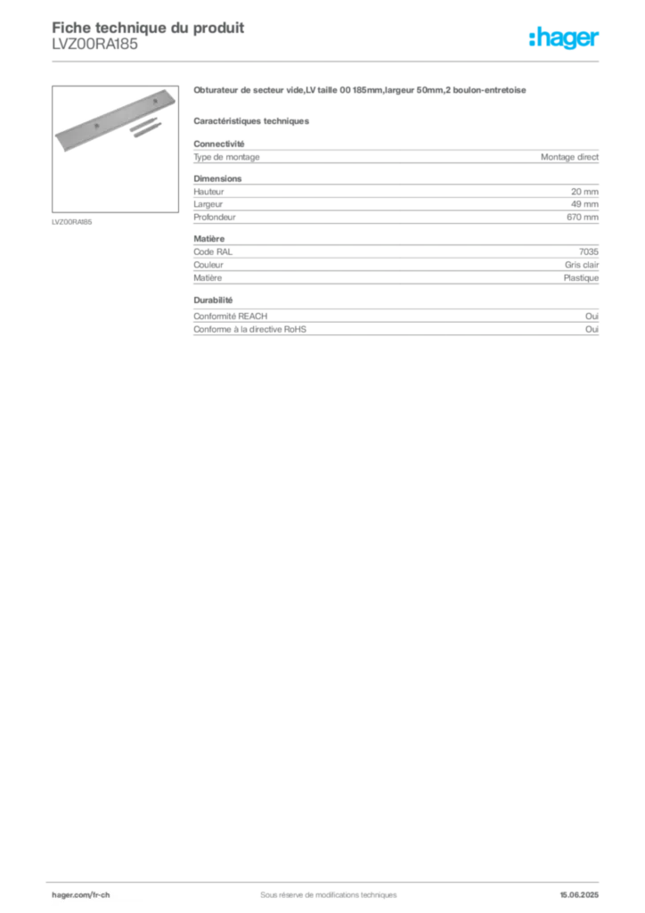 Image Hager Fiche technique du produit LVZ00RA185 | Hager Suisse