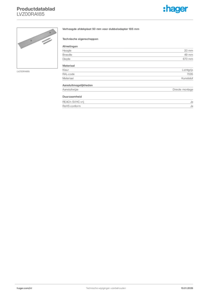 Afbeelding Hager Productdatablad LVZ00RA185 | Hager Nederland