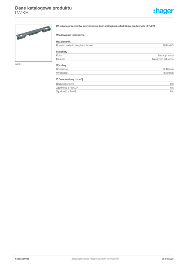 Zdjęcie Hager Dane katalogowe produktu LVZKH | Hager Polska