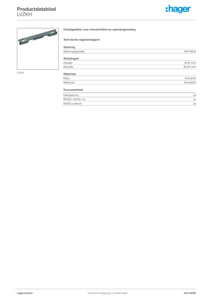 Afbeelding Hager Productdatablad LVZKH | Hager Nederland