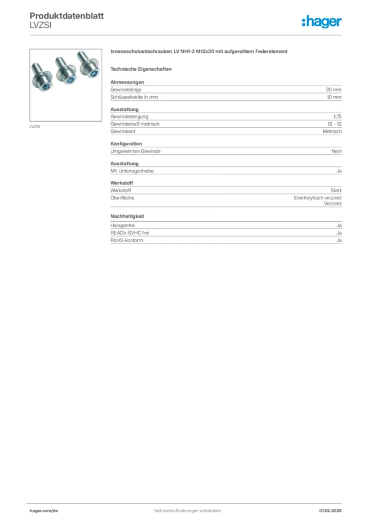 Bild Hager Produktdatenblatt LVZSI | Hager Deutschland