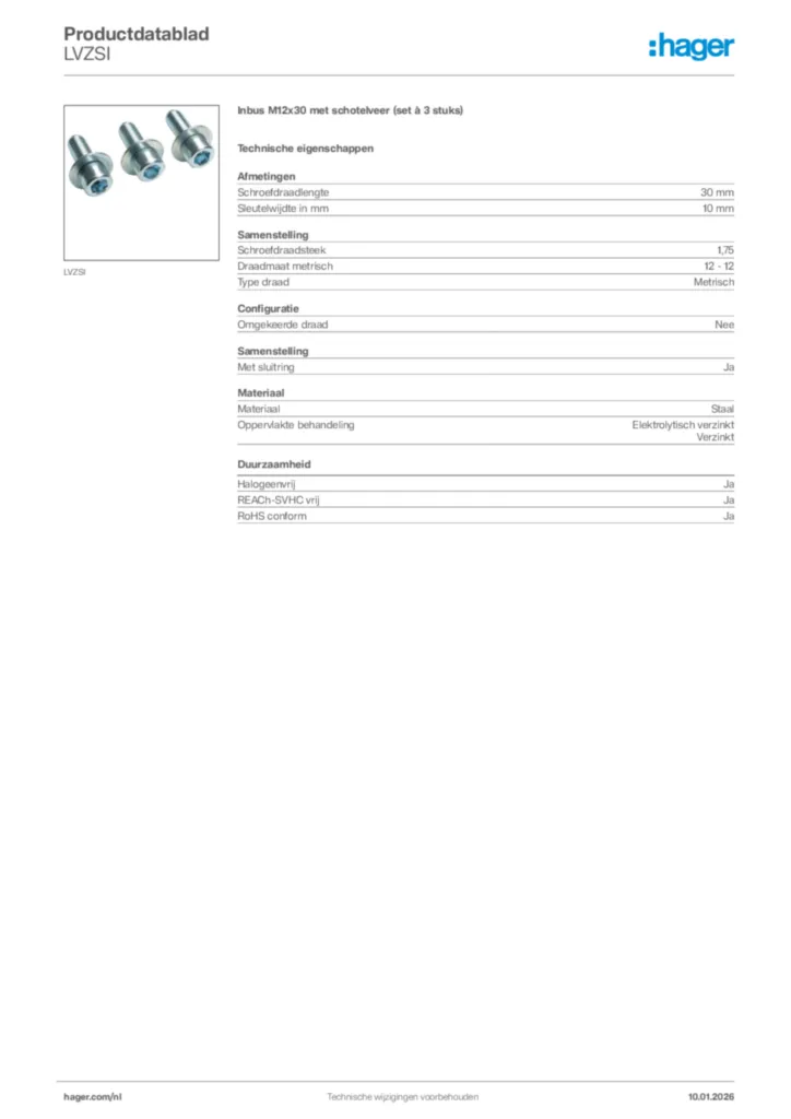 Afbeelding Hager Productdatablad LVZSI | Hager Nederland