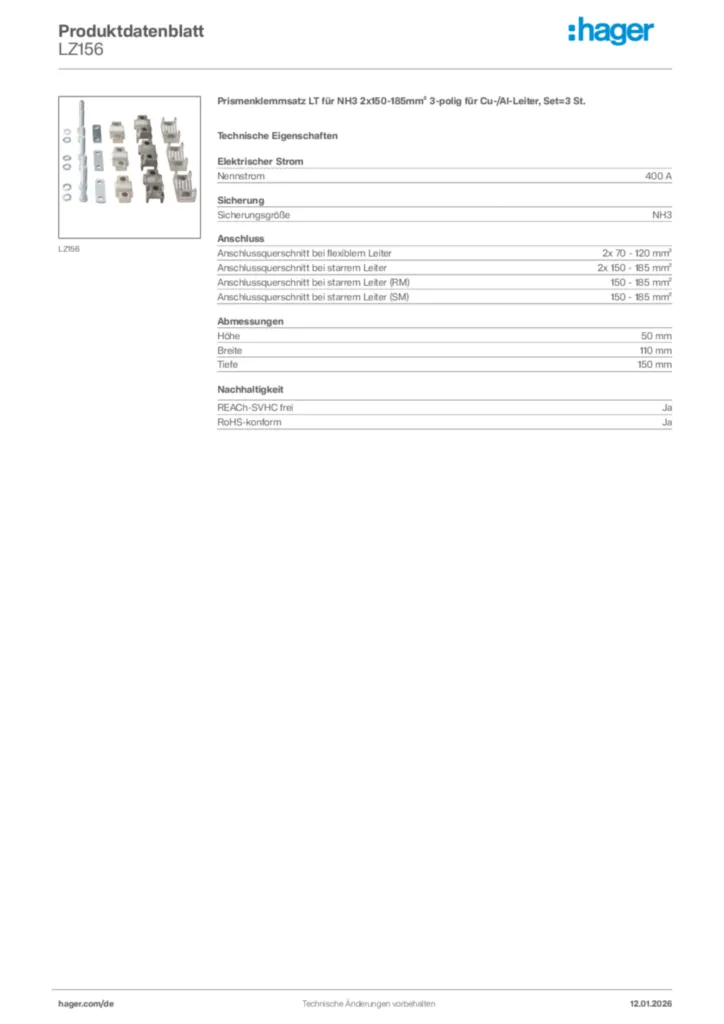 Bild Hager Produktdatenblatt LZ156 | Hager Deutschland
