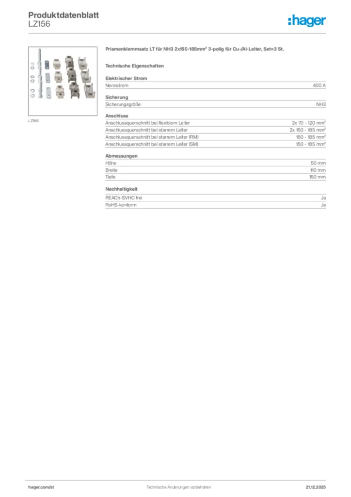 Bild Hager Produktdatenblatt LZ156 | Hager Deutschland