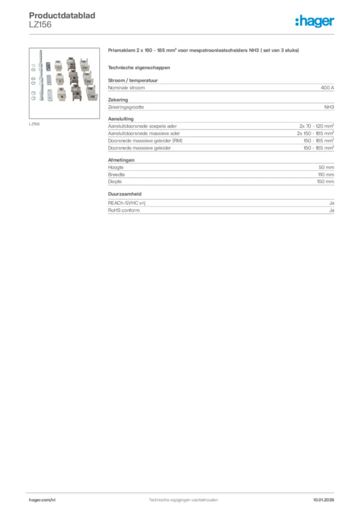 Afbeelding Hager Productdatablad LZ156 | Hager Nederland