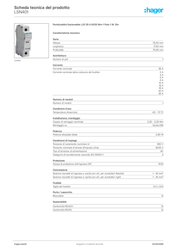 Immagine Hager Scheda tecnica del prodotto LSN401 | Hager Italia