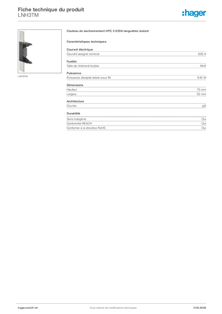 Image Hager Fiche technique du produit LNH3TM | Hager Suisse
