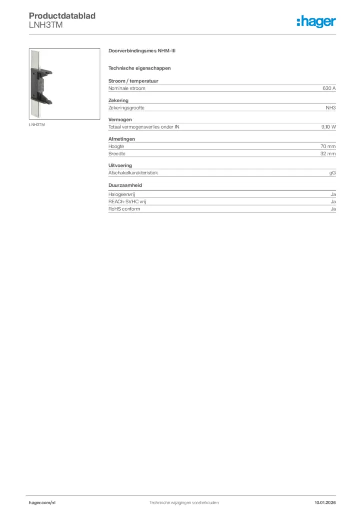 Afbeelding Hager Productdatablad LNH3TM | Hager Nederland