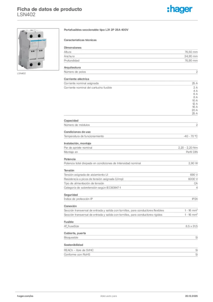 Imagen Hager Ficha de datos de producto LSN402 | Hager España