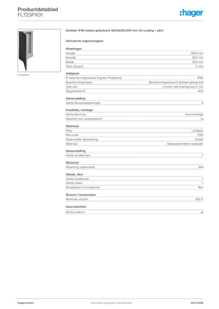 Afbeelding Hager Productdatablad FL72SPX01 | Hager Nederland