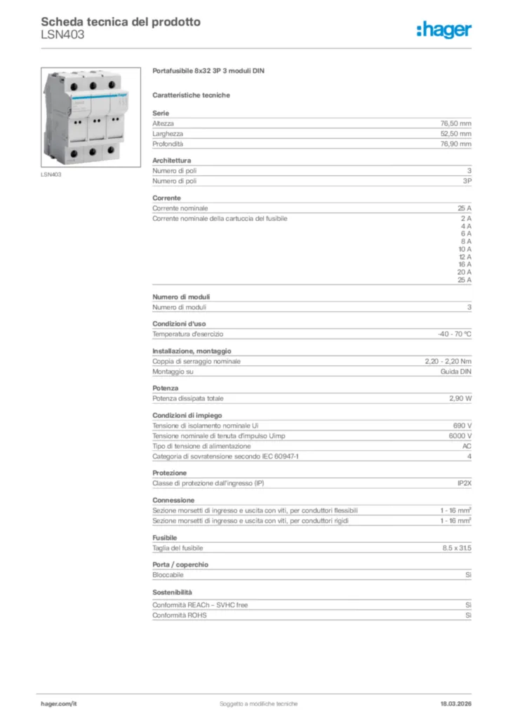 Immagine Hager Scheda tecnica del prodotto LSN403 | Hager Italia