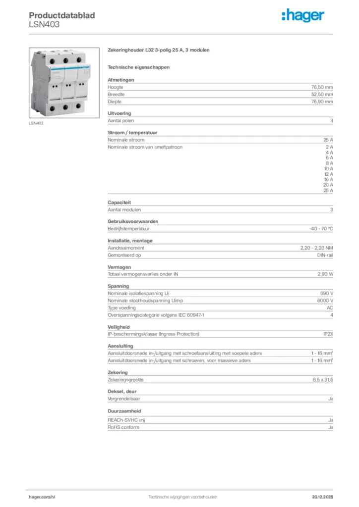 Afbeelding Hager Productdatablad LSN403 | Hager Nederland