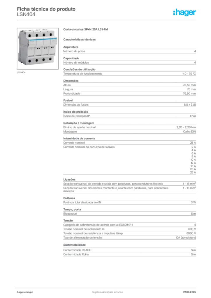 Imagem Hager Ficha técnica do produto LSN404 | Hager Portugal