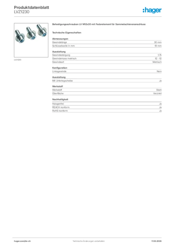 Bild Hager Produktdatenblatt LVZ1230 | Hager Schweiz