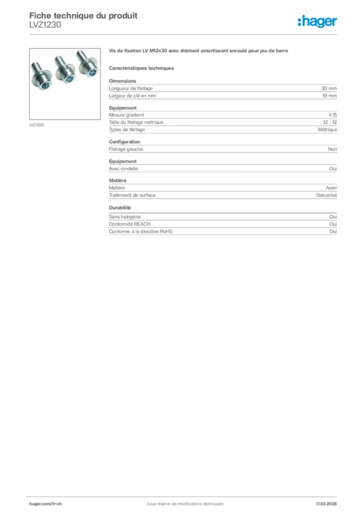 Image Hager Fiche technique du produit LVZ1230 | Hager Suisse