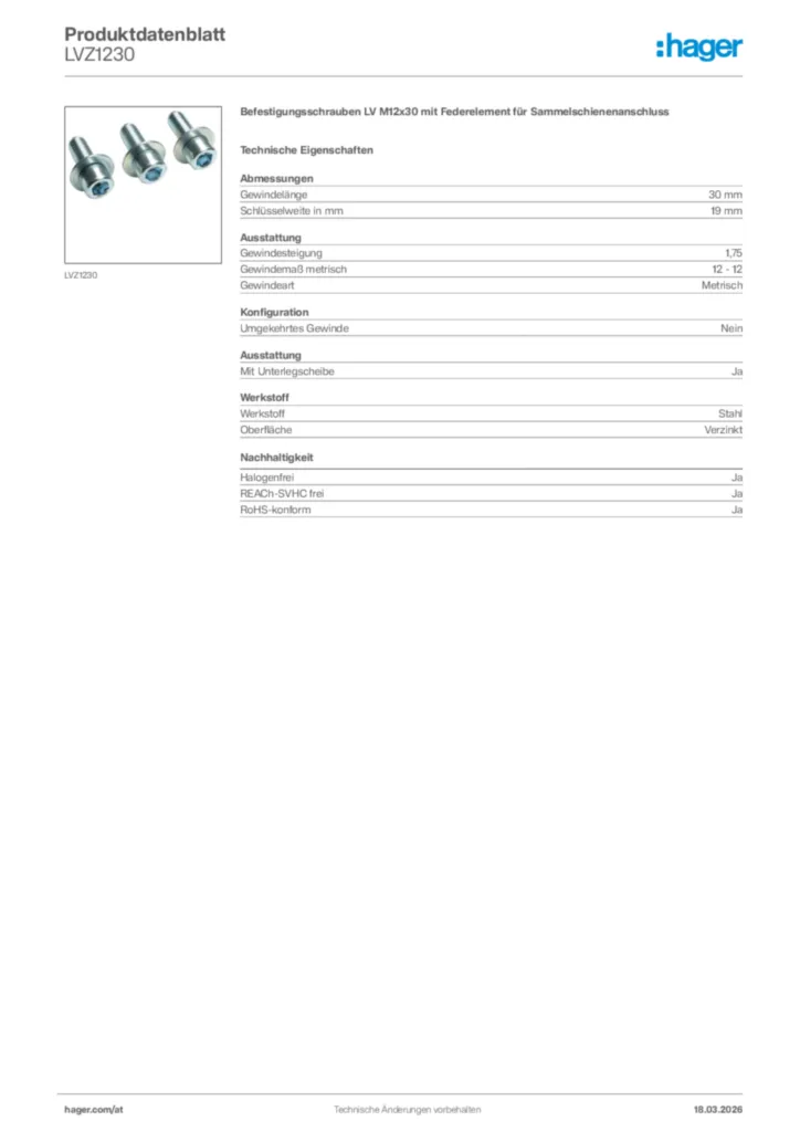 Bild Hager Produktdatenblatt LVZ1230 | Hager Deutschland