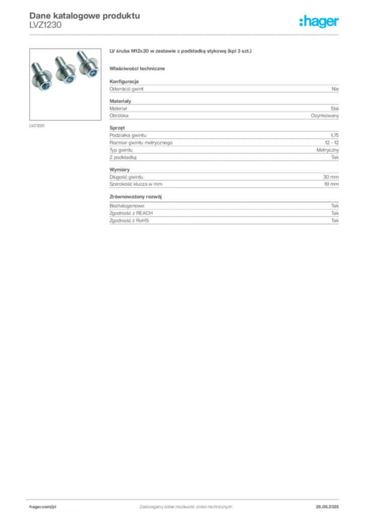 Zdjęcie Hager Dane katalogowe produktu LVZ1230 | Hager Polska