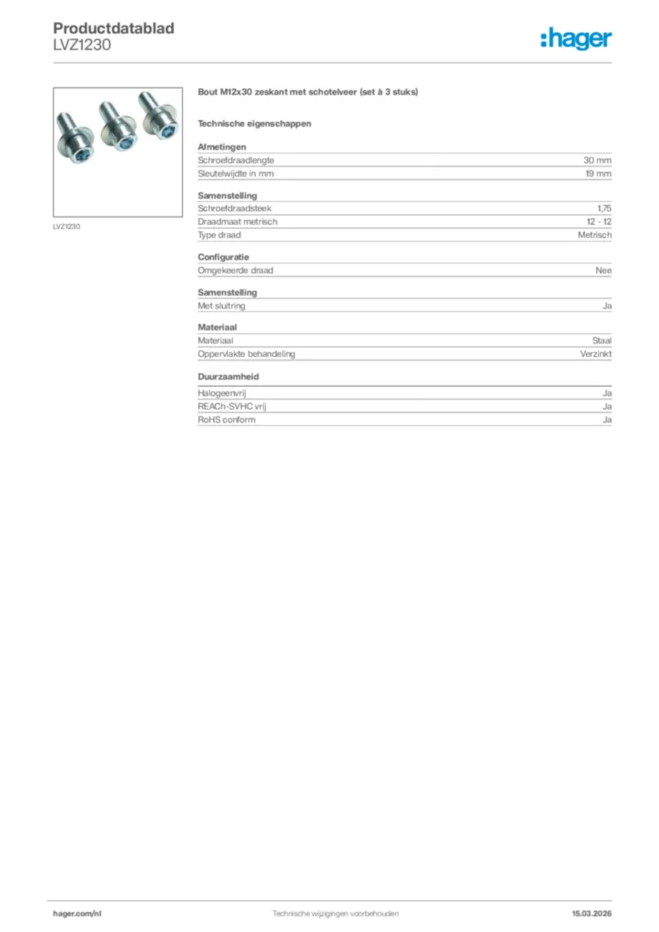 Afbeelding Hager Productdatablad LVZ1230 | Hager Nederland
