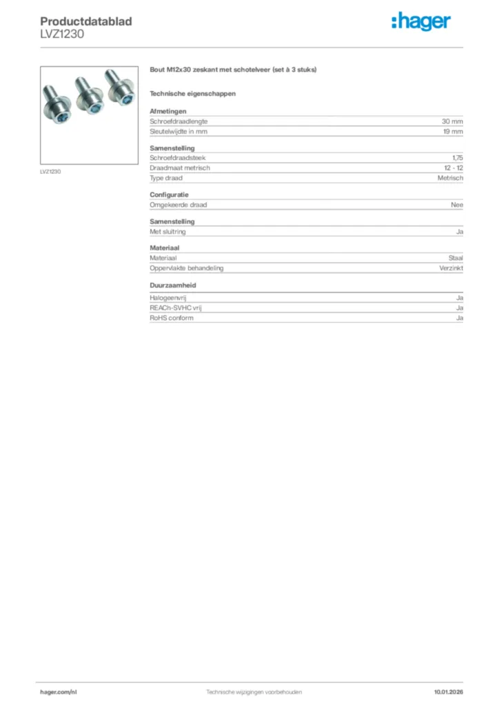 Afbeelding Hager Productdatablad LVZ1230 | Hager Nederland