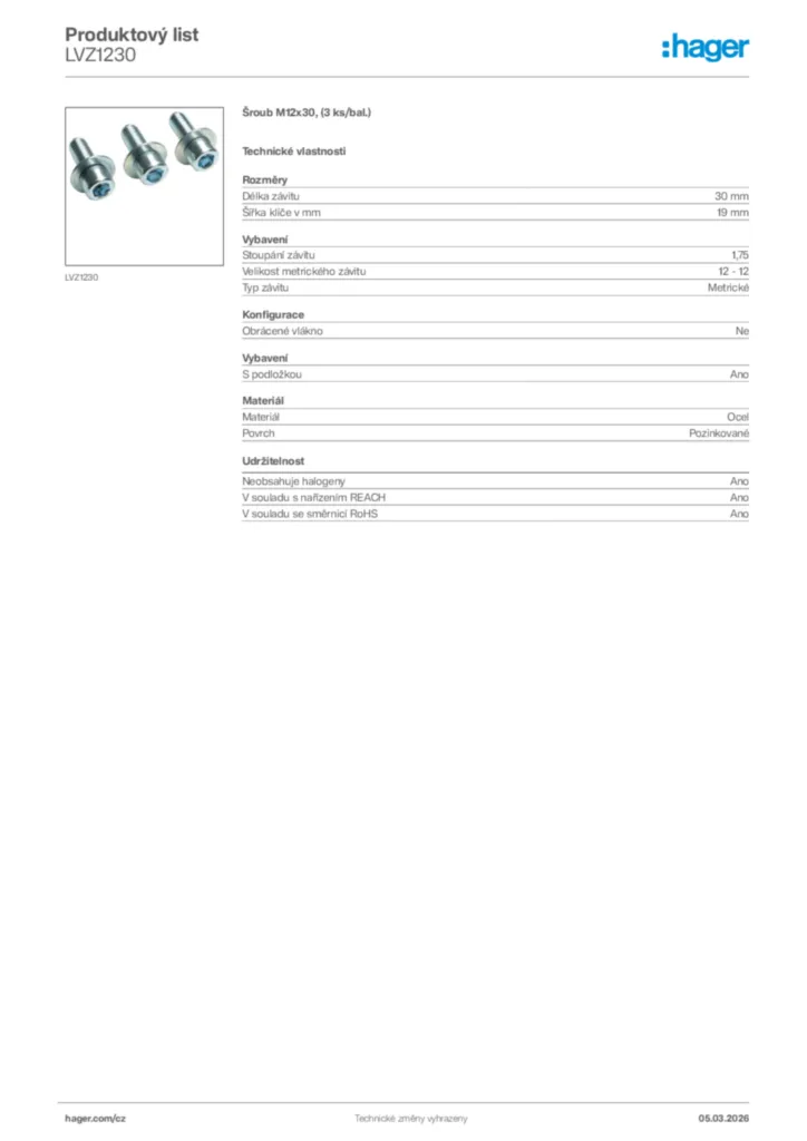 Obrázek Hager Product data sheet LVZ1230 | Hager