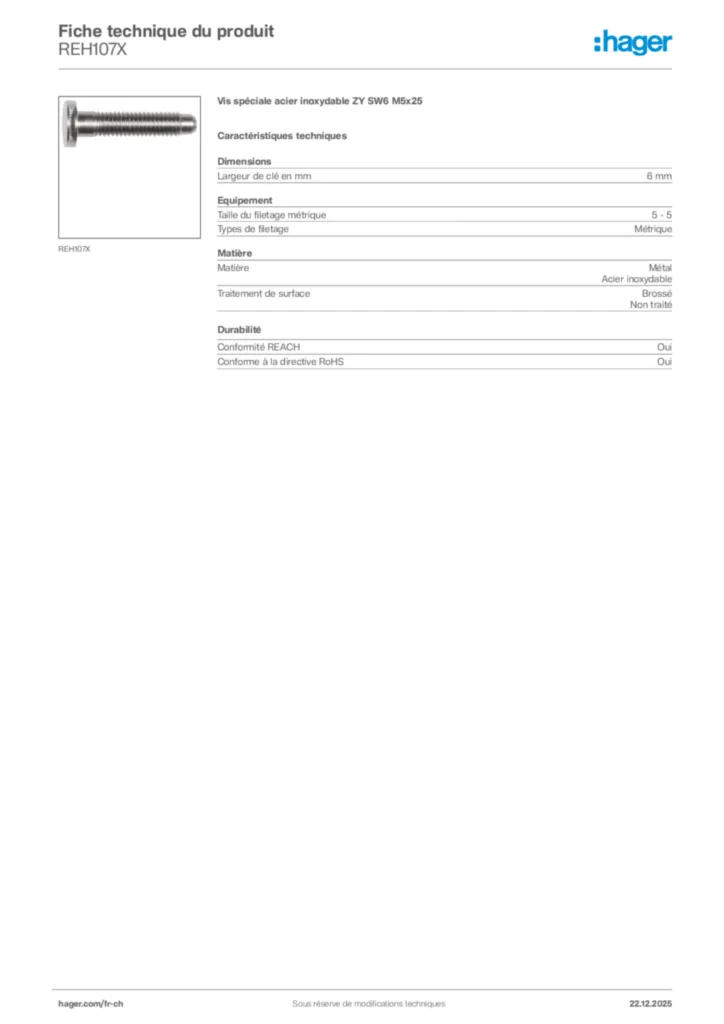 Image Hager Fiche technique du produit REH107X | Hager Suisse
