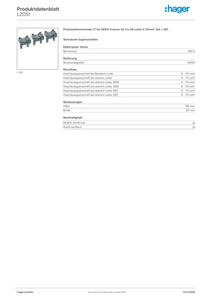 Bild Hager Produktdatenblatt LZ051 | Hager Deutschland