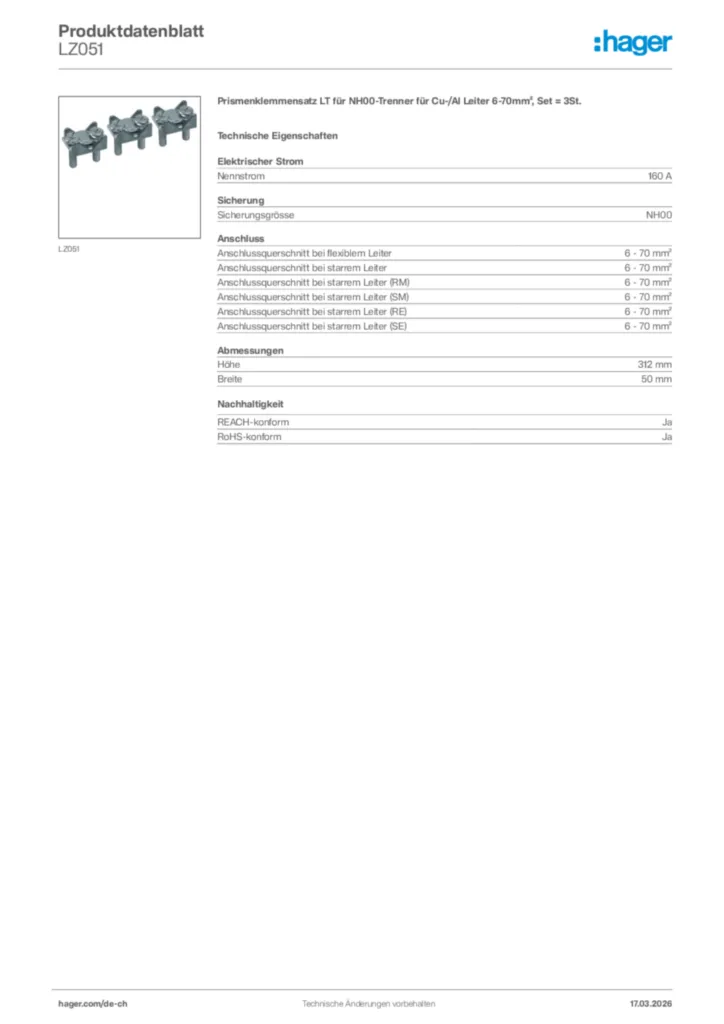 Bild Hager Produktdatenblatt LZ051 | Hager Schweiz