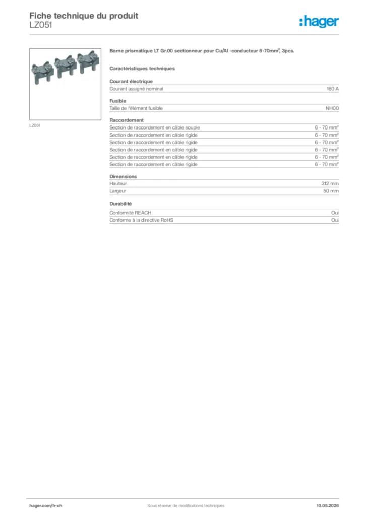 Image Hager Fiche technique du produit LZ051 | Hager Suisse