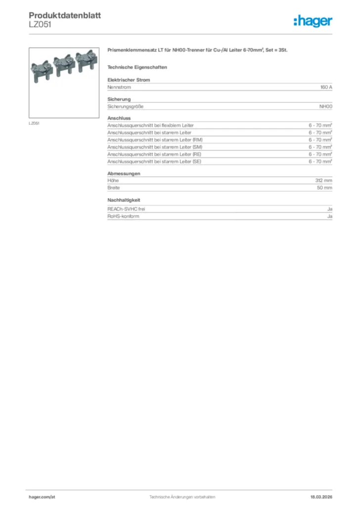 Bild Hager Produktdatenblatt LZ051 | Hager Deutschland