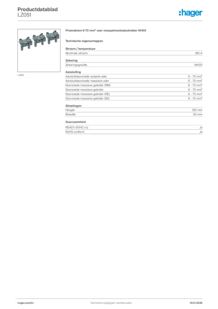 Afbeelding Hager Productdatablad LZ051 | Hager Nederland