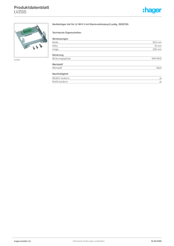 Bild Hager Produktdatenblatt LVZGS | Hager Schweiz