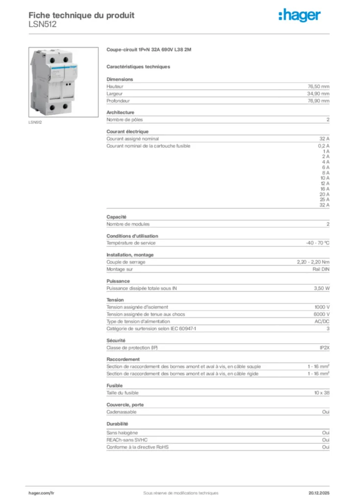 Image Hager Fiche technique du produit LSN512 | Hager France