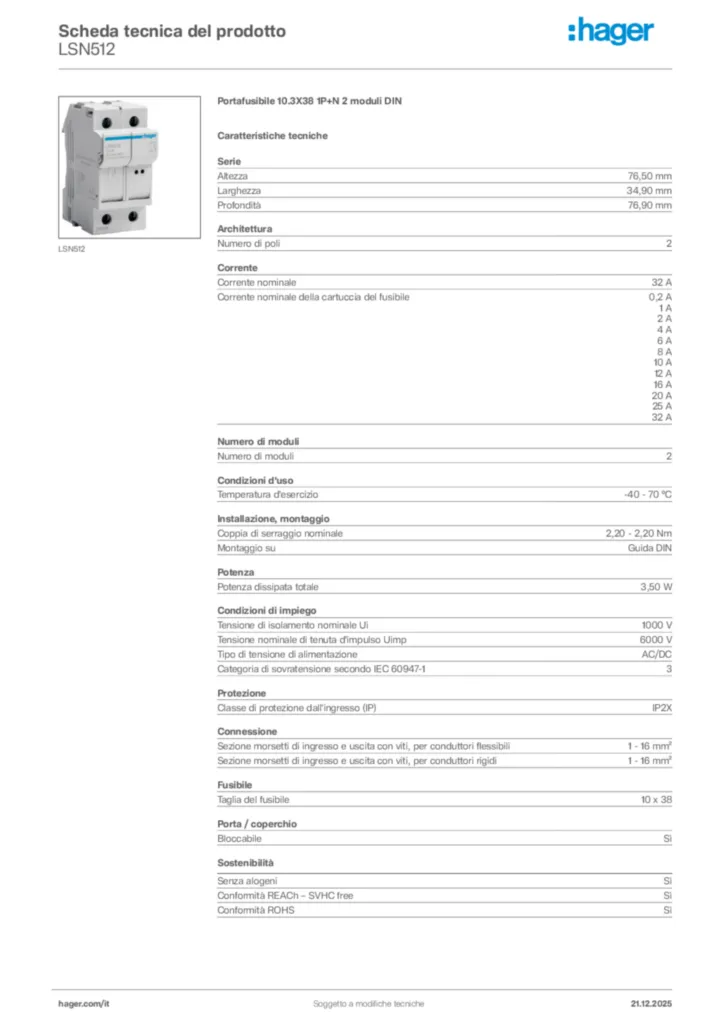 Immagine Hager Scheda tecnica del prodotto LSN512 | Hager Italia