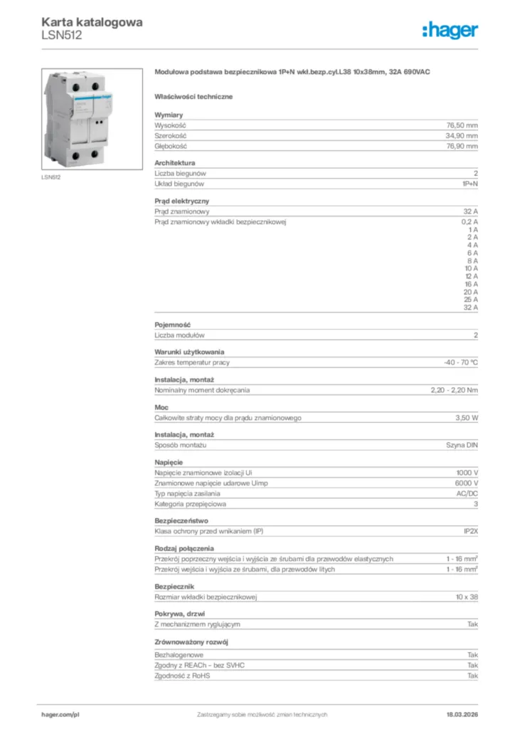 Zdjęcie Hager Karta katalogowa LSN512 | Hager Polska