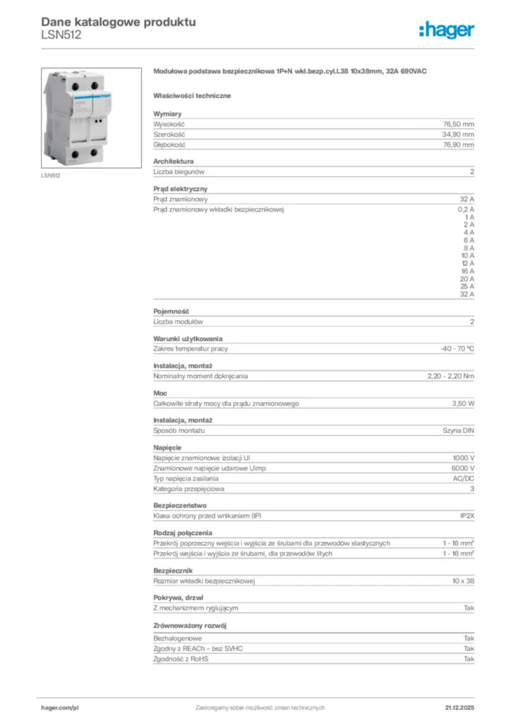 Zdjęcie Hager Dane katalogowe produktu LSN512 | Hager Polska