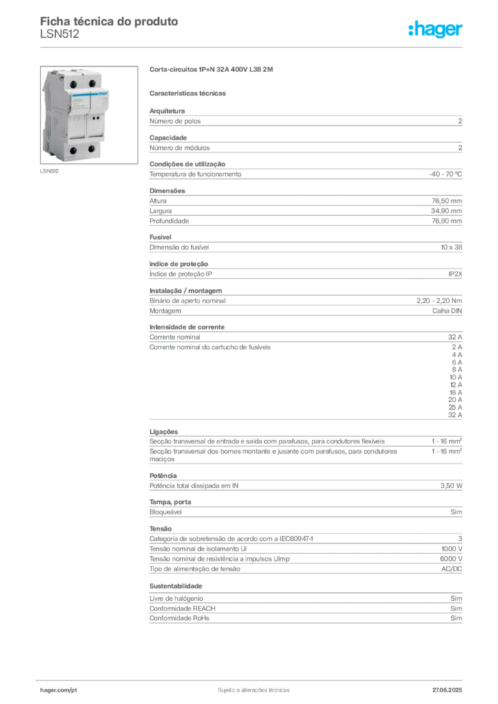 Imagem Hager Ficha técnica do produto LSN512 | Hager Portugal