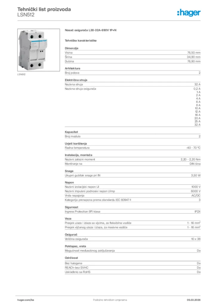 Slika Hager Tehnički list proizvoda LSN512  | Hager