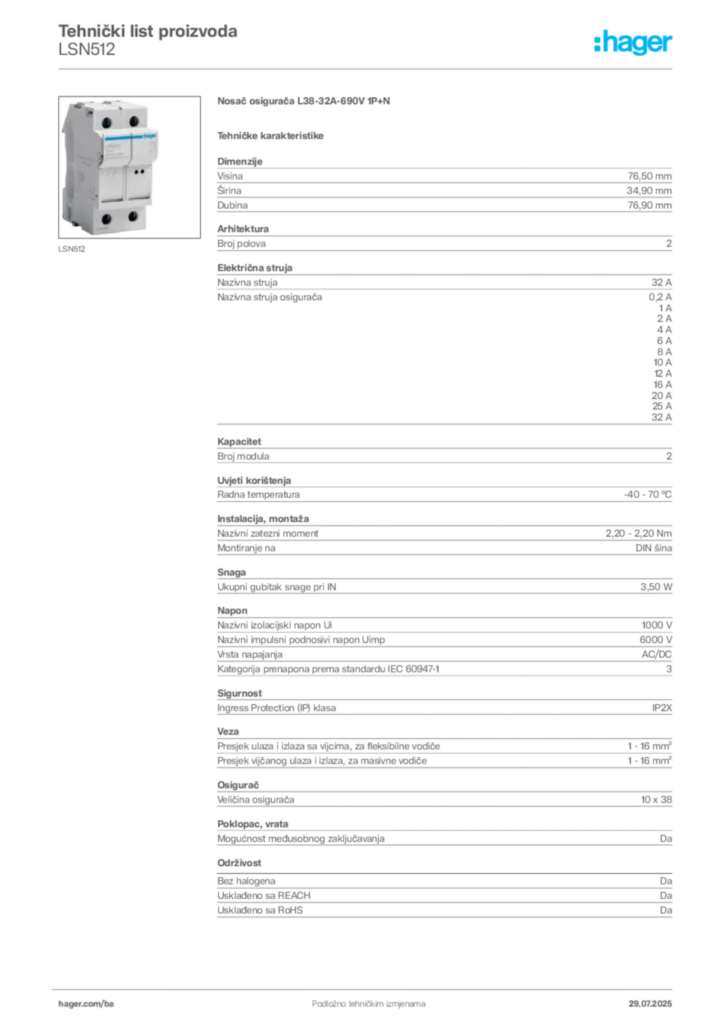 Slika Hager Product data sheet LSN512  | Hager