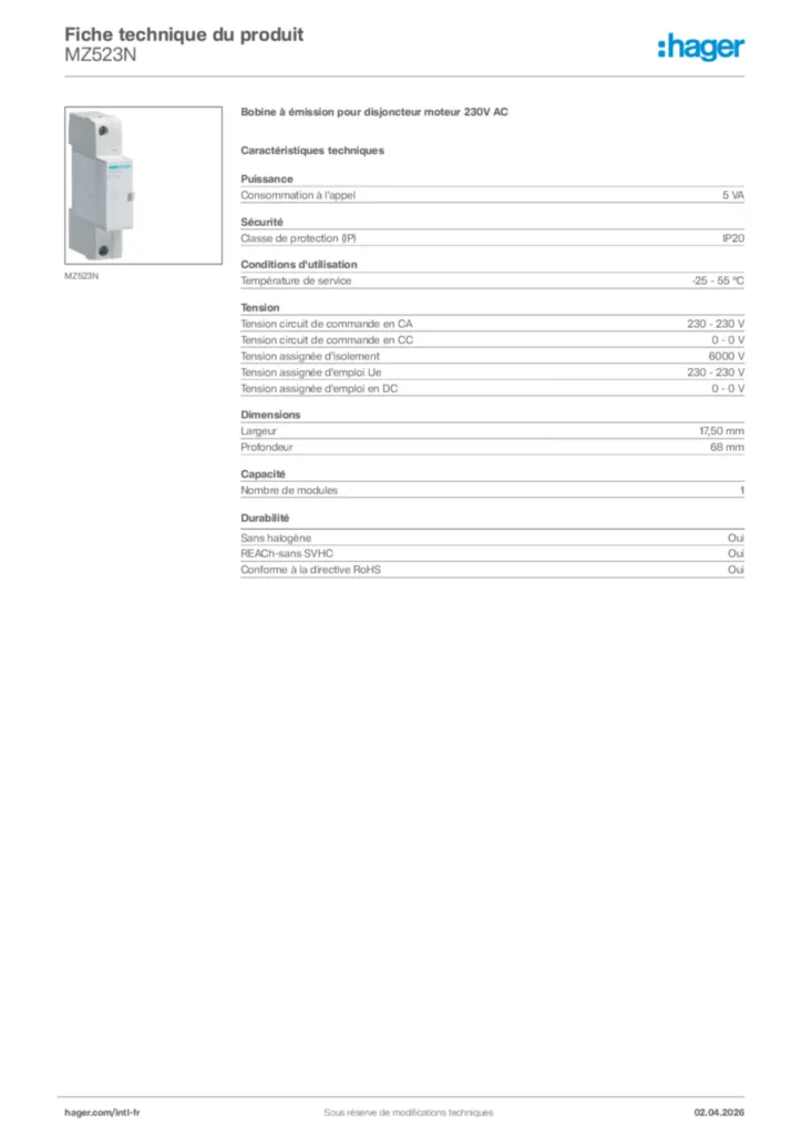 Image Hager Fiche technique du produit MZ523N | Hager Afrique