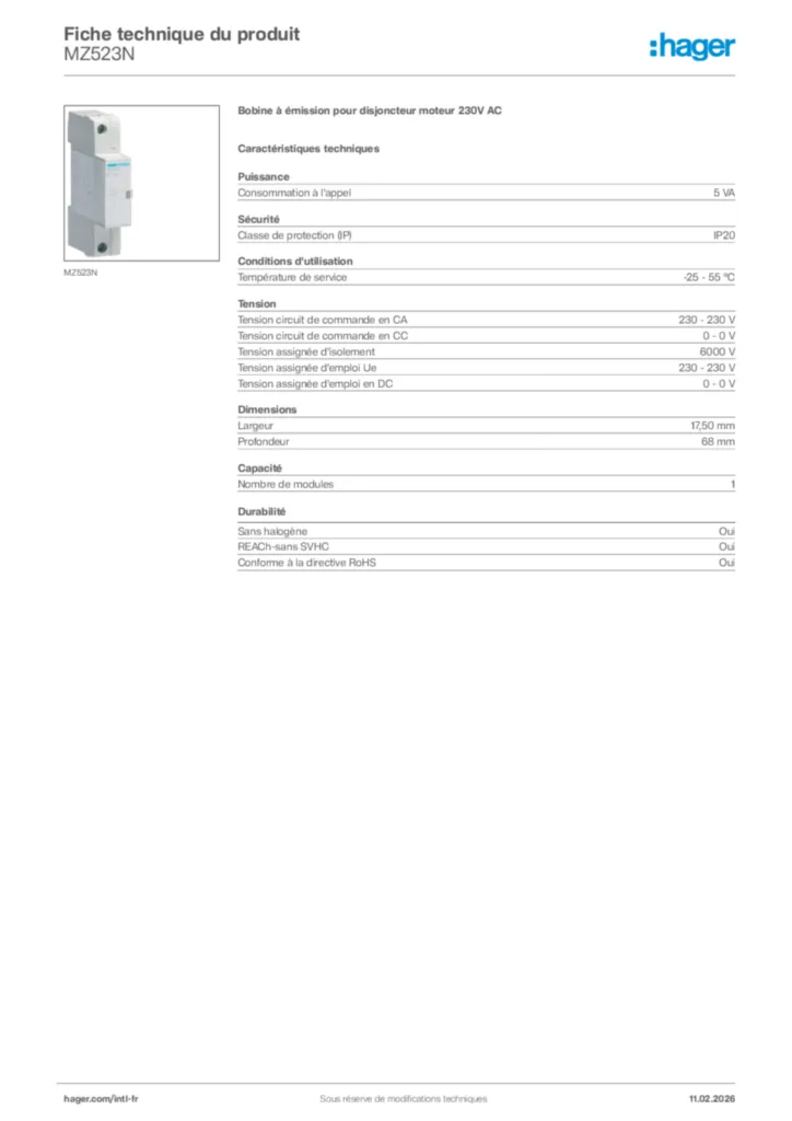 Image Hager Fiche technique du produit MZ523N | Hager Afrique
