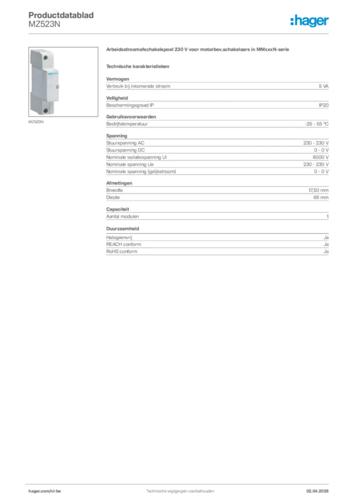 Afbeelding Hager Productdatablad MZ523N | Hager Belgium