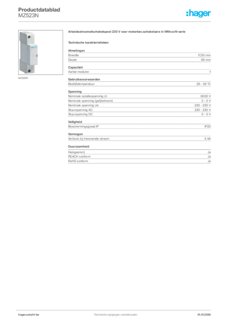 Afbeelding Hager Productdatablad MZ523N | Hager Belgium