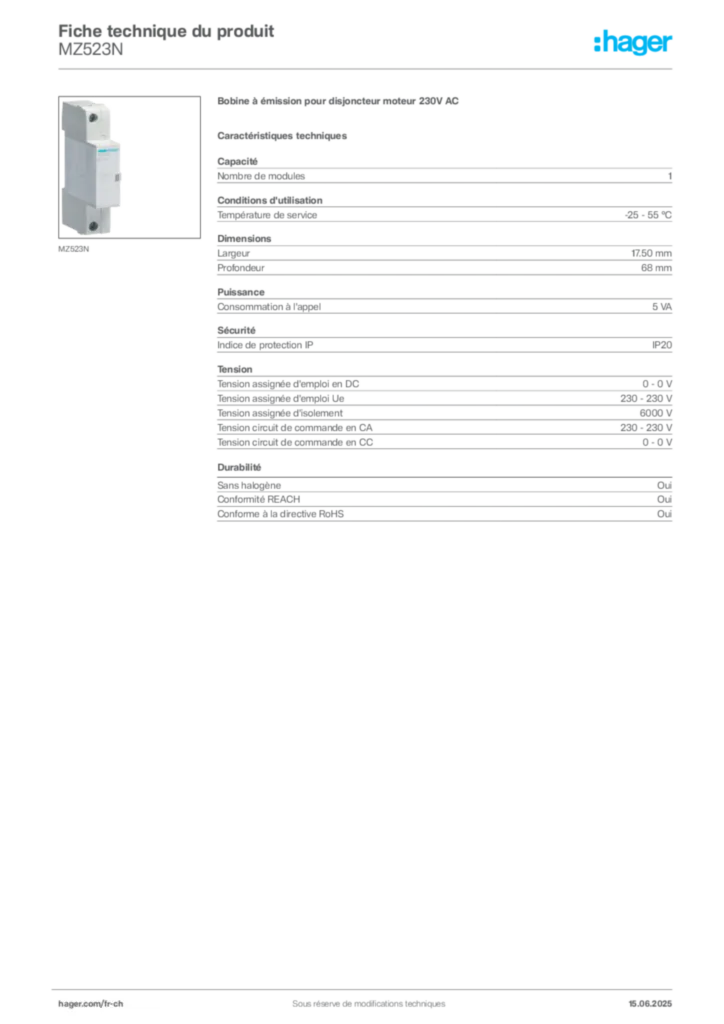 Image Hager Fiche technique du produit MZ523N | Hager Suisse